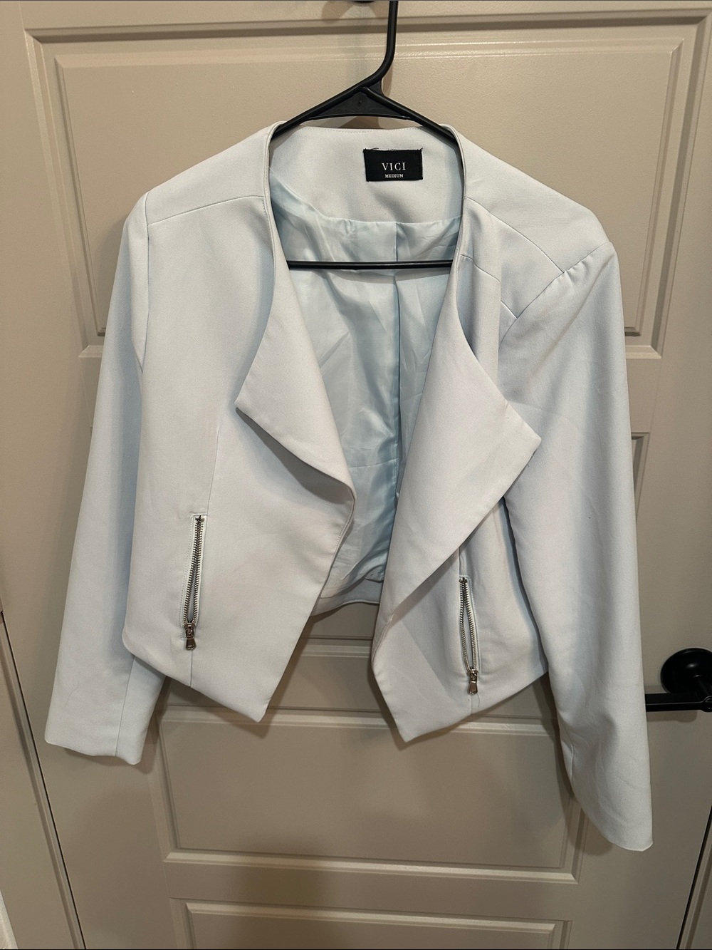 VICI Women's Pale Blue Open-Front Draped Blazer with Zipper Accents